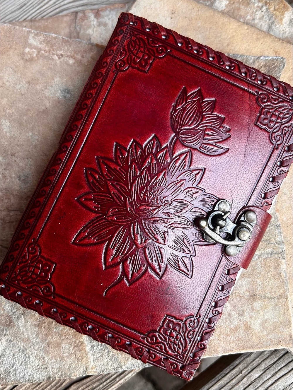 Handcrafted Red Brown Leather Embossed Journal with Lotus Floral Design NWT